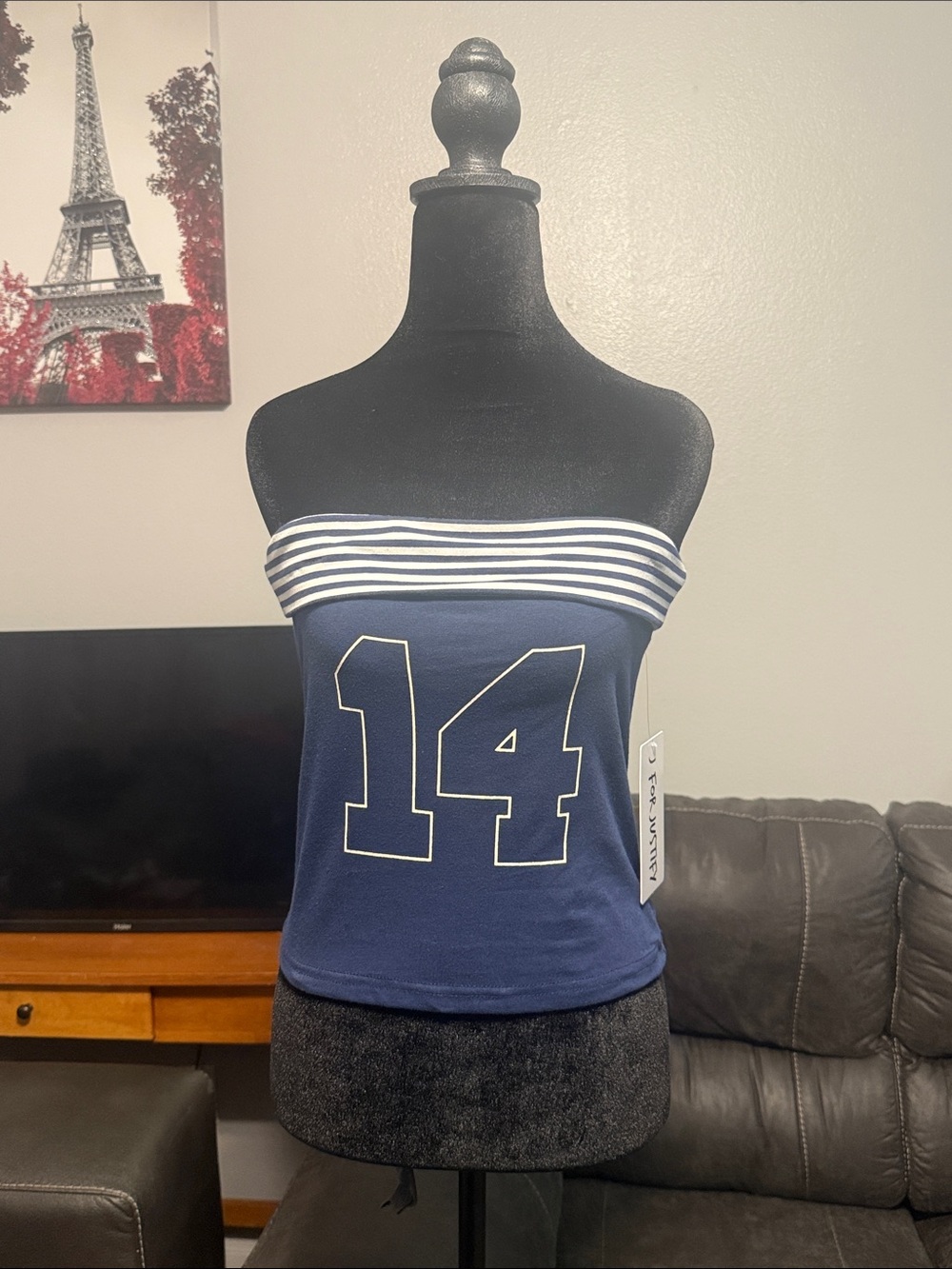 J for Justify Navy Blue Stripe Strapless Crop Top with Number 14